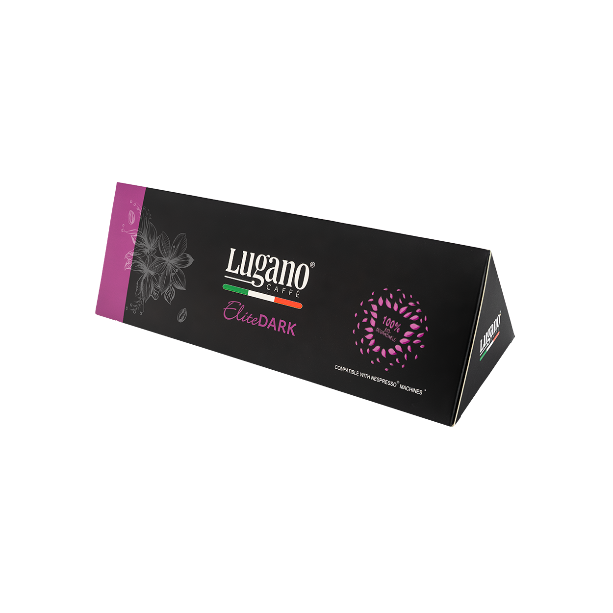 Lugano Caffè Elite Dark Espresso Capsule Triangular Pack 10 Pcs front side view Lugano Caffè Elite Dark Espresso Capsule Triangular Pack 10 Pcs front side view