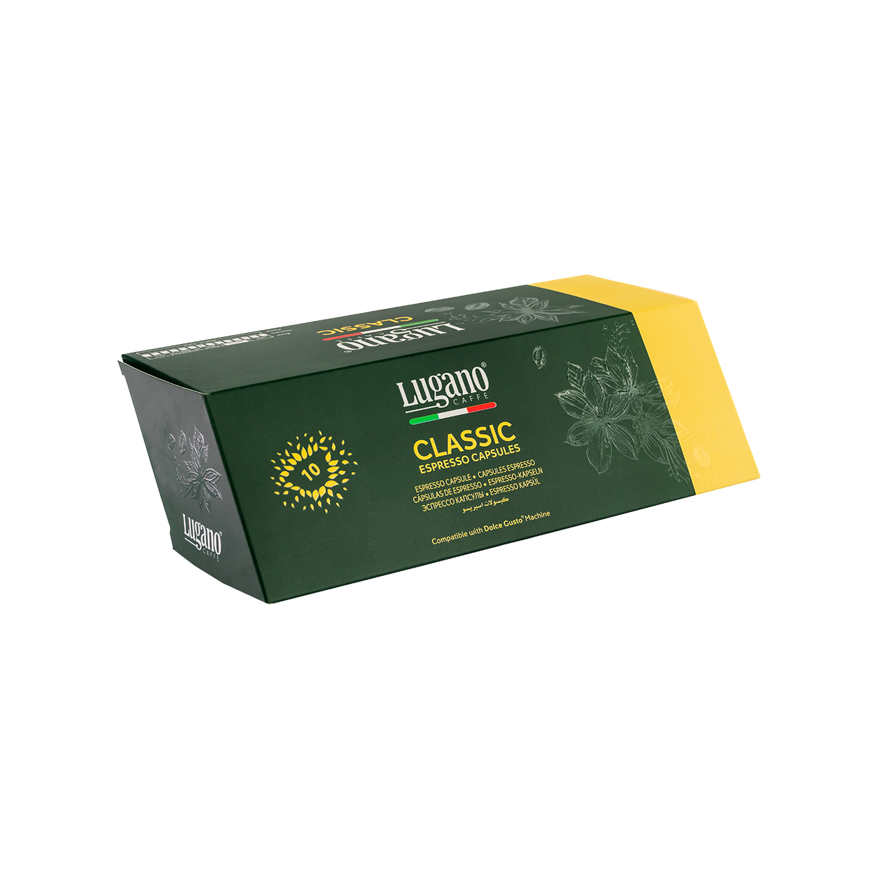Lugano Caffè Classic Dolce Gusto Capsules 10 pcs diamond shaped pack front right side Lugano Caffè Classic Dolce Gusto Capsules 10 pcs diamond shaped pack front right side
