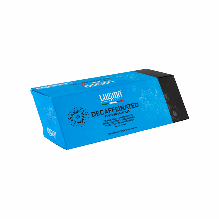 Lugano Caffè Decaffeinated Dolce Gusto Capsules 10 pcs diamond shaped pack front right side