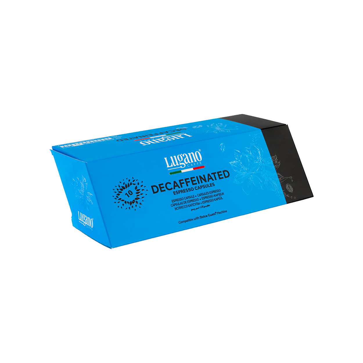 Lugano Caffè Decaffeinated Dolce Gusto Capsules 10 pcs diamond shaped pack front right side Lugano Caffè Decaffeinated Dolce Gusto Capsules 10 pcs diamond shaped pack front right side