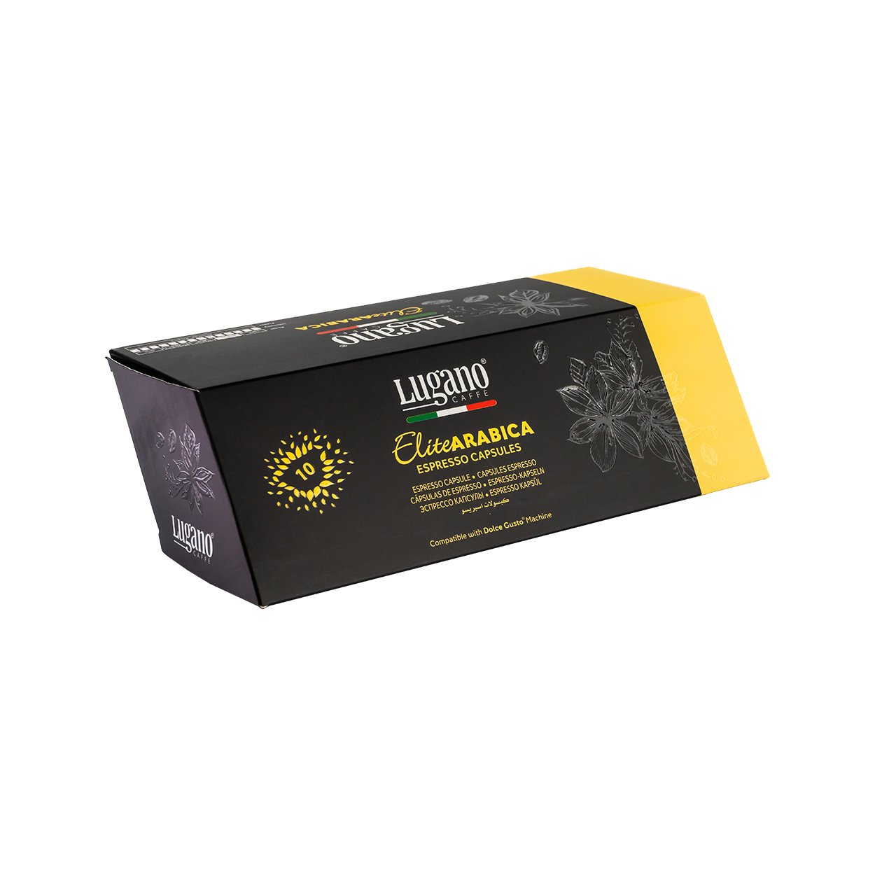 Lugano Caffè Elite Arabica Dolce Gusto Capsules 10 pcs diamond shaped pack front right side Lugano Caffè Elite Arabica Dolce Gusto Capsules 10 pcs diamond shaped pack front right side