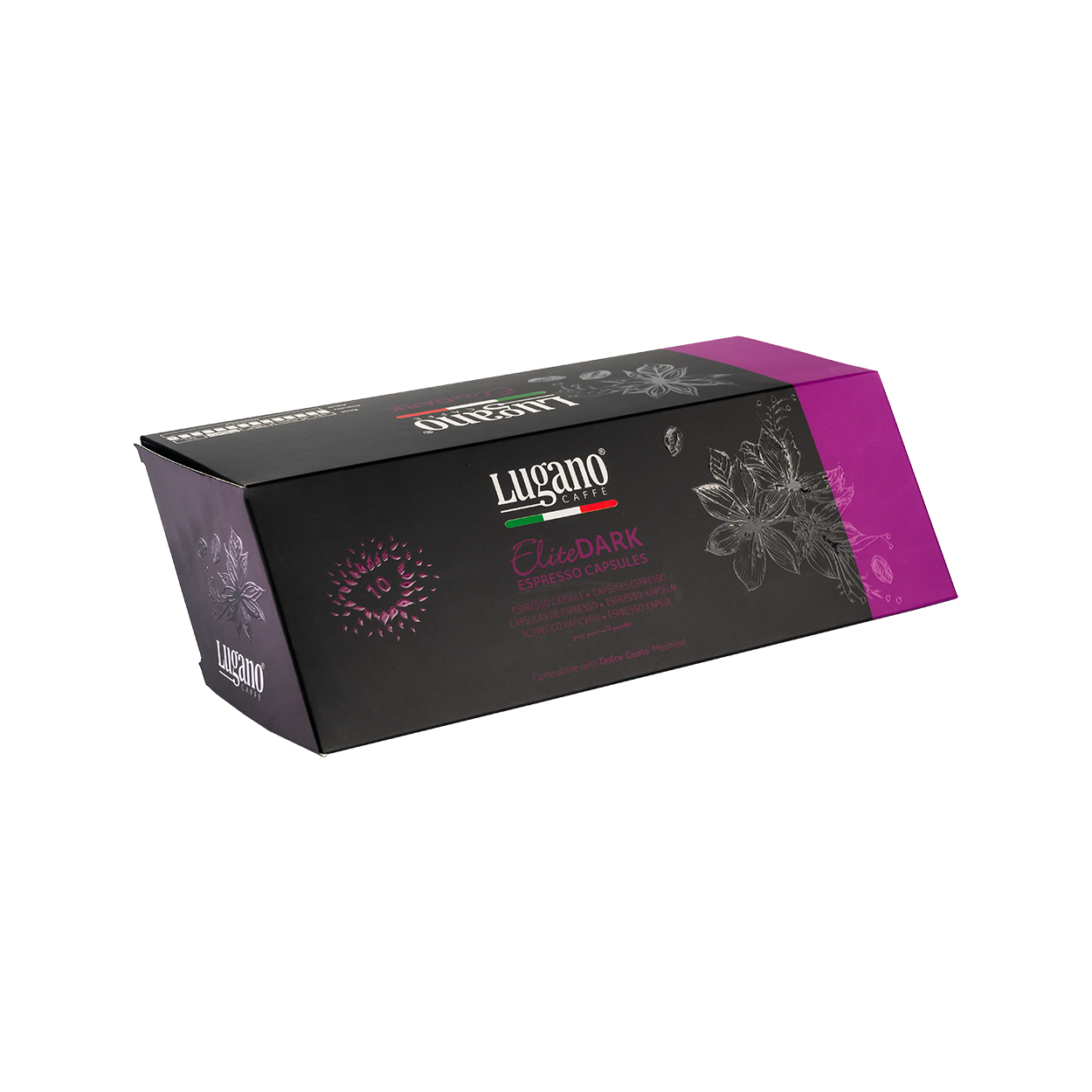 Lugano Caffè Elite Dark Dolce Gusto Capsules 10 pcs diamond shaped pack front right side Lugano Caffè Elite Dark Dolce Gusto Capsules 10 pcs diamond shaped pack front right side