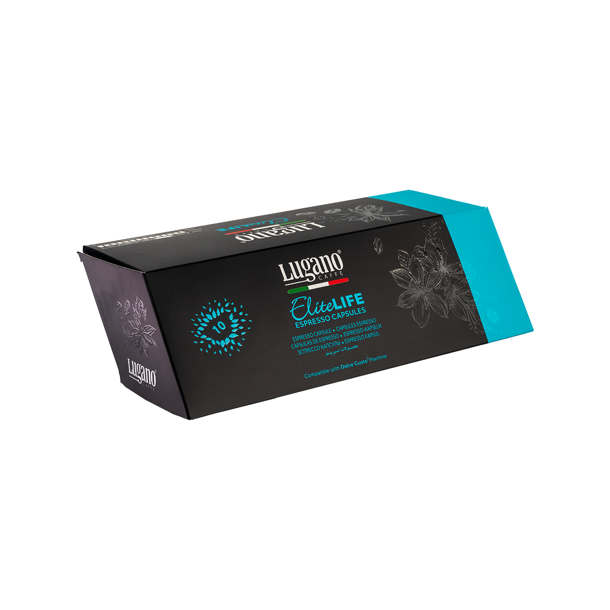 Lugano Caffè Elite Life Dolce Gusto Capsules 10 pcs diamond shaped pack front right side Lugano Caffè Elite Life Dolce Gusto Capsules 10 pcs diamond shaped pack front right side