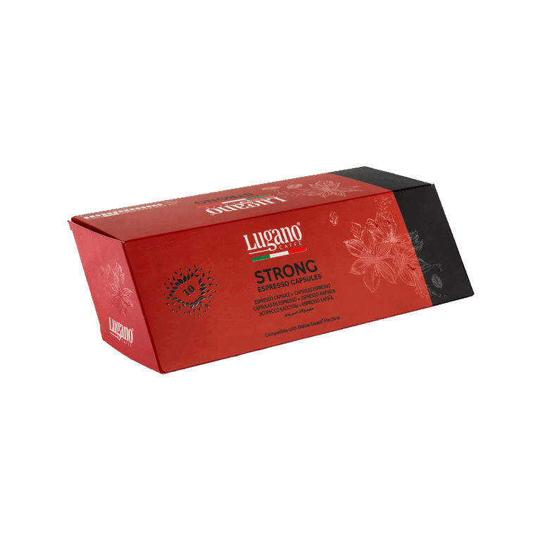 Lugano Caffè Strong Dolce Gusto Capsules 10 pcs diamond shaped pack front right side