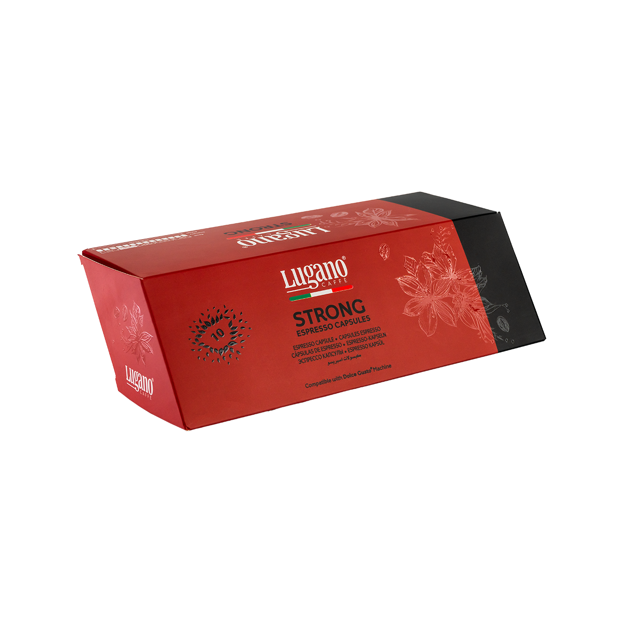 Lugano Caffè Strong Dolce Gusto Capsules 10 pcs diamond shaped pack front right side Lugano Caffè Strong Dolce Gusto Capsules 10 pcs diamond shaped pack front right side
