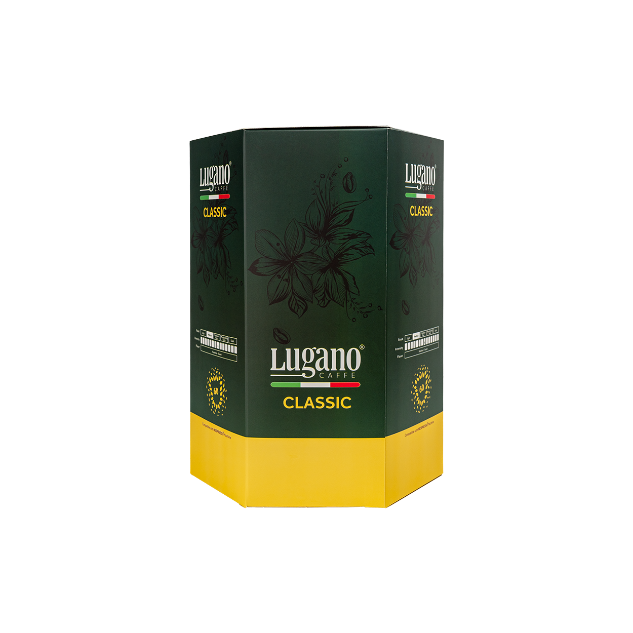 Lugano Caffè Classic Espresso Capsule Hexagonal Saving Pack 60 Pcs front Lugano Caffè Classic Espresso Capsule Hexagonal Saving Pack 60 Pcs front