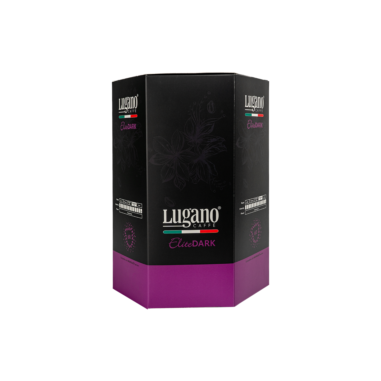 Lugano Caffè Elite Dark Espresso Capsule Hexagonal Saving Pack 60 Pcs front Lugano Caffè Elite Dark Espresso Capsule Hexagonal Saving Pack 60 Pcs front