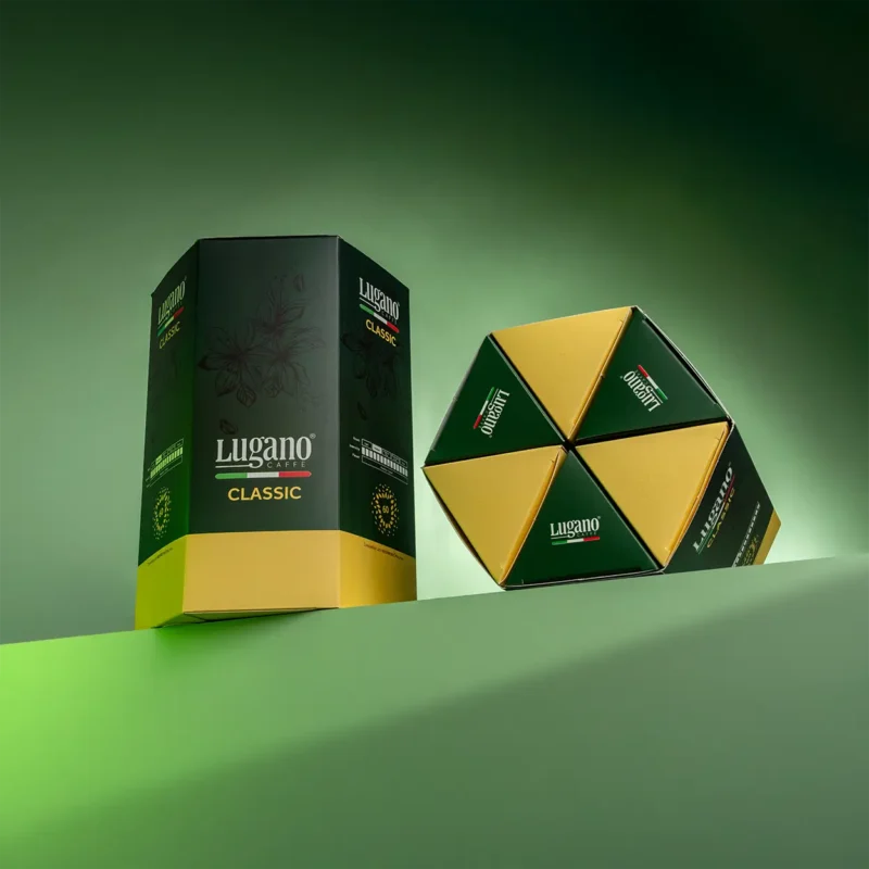 Lugano Caffè Classic Espresso Capsule Hexagonal Saving Pack 60 Pcs in a studio set