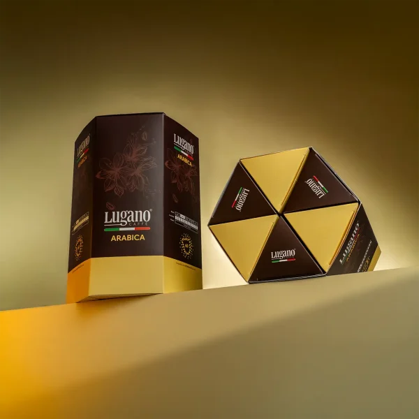 Lugano Caffè Arabica Espresso Capsule Hexagonal Saving Pack 60 Pcs in a studio set