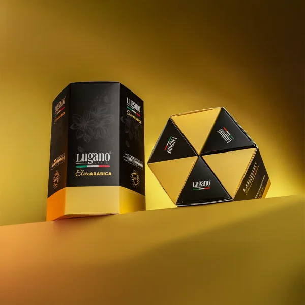 Lugano Caffè Elite Arabica Espresso Capsule Hexagonal Saving Pack 60 Pcs in a studio set