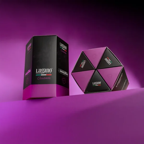 Lugano Caffè Elite Dark Espresso Capsule Hexagonal Saving Pack 60 Pcs in a studio set