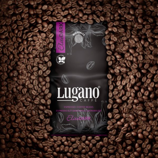 Lugano Caffè Elite Dark Espresso Coffee Beans 1 Kg pack with coffee Sorrounding