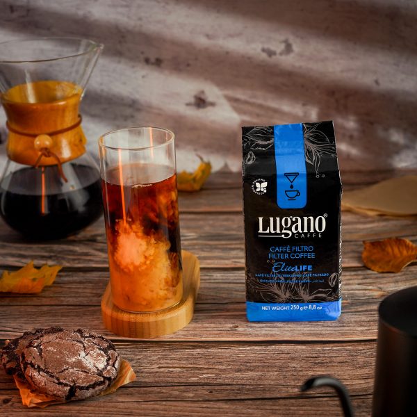 Lugano Caffè Elite Life Filter Coffee 250 Gr Vacuum Pack in a studio set 1250x1250