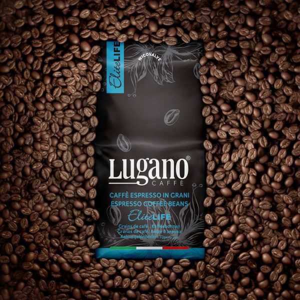 Lugano Caffè Life Arabica Espresso Coffee Beans 1 Kg pack with beans sorrounding