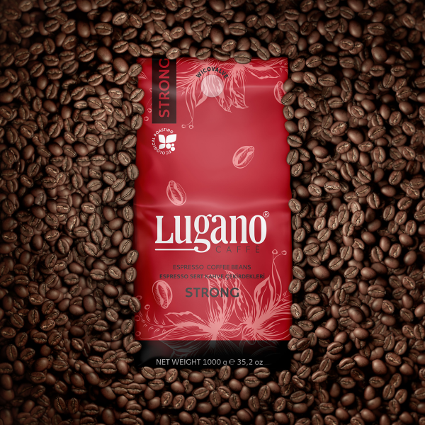 Lugano Caffè Strong Espresso Coffee Beans 1 Kg pack with beans sorrounding